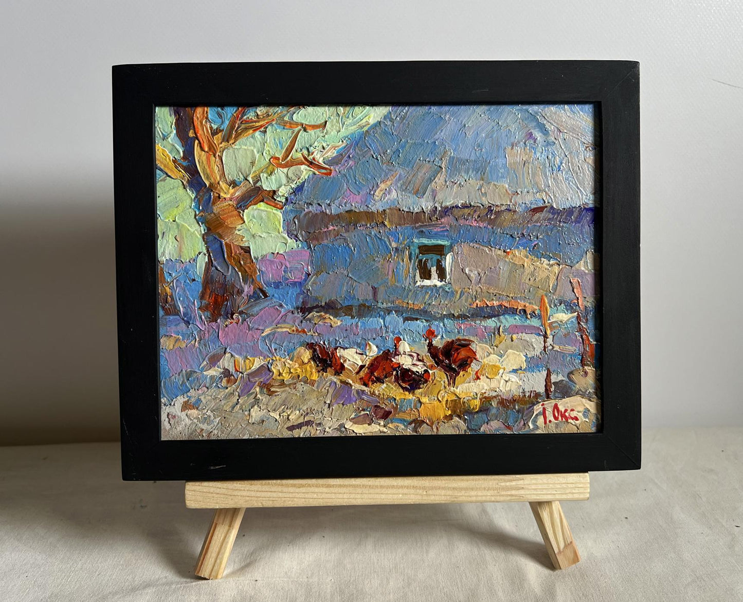 Oil painting Frost in the Yard by Oksana Ivanyuk impressionistic chickens scene