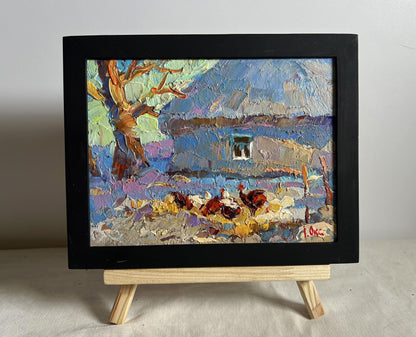 Oil painting Frost in the Yard by Oksana Ivanyuk impressionistic chickens scene