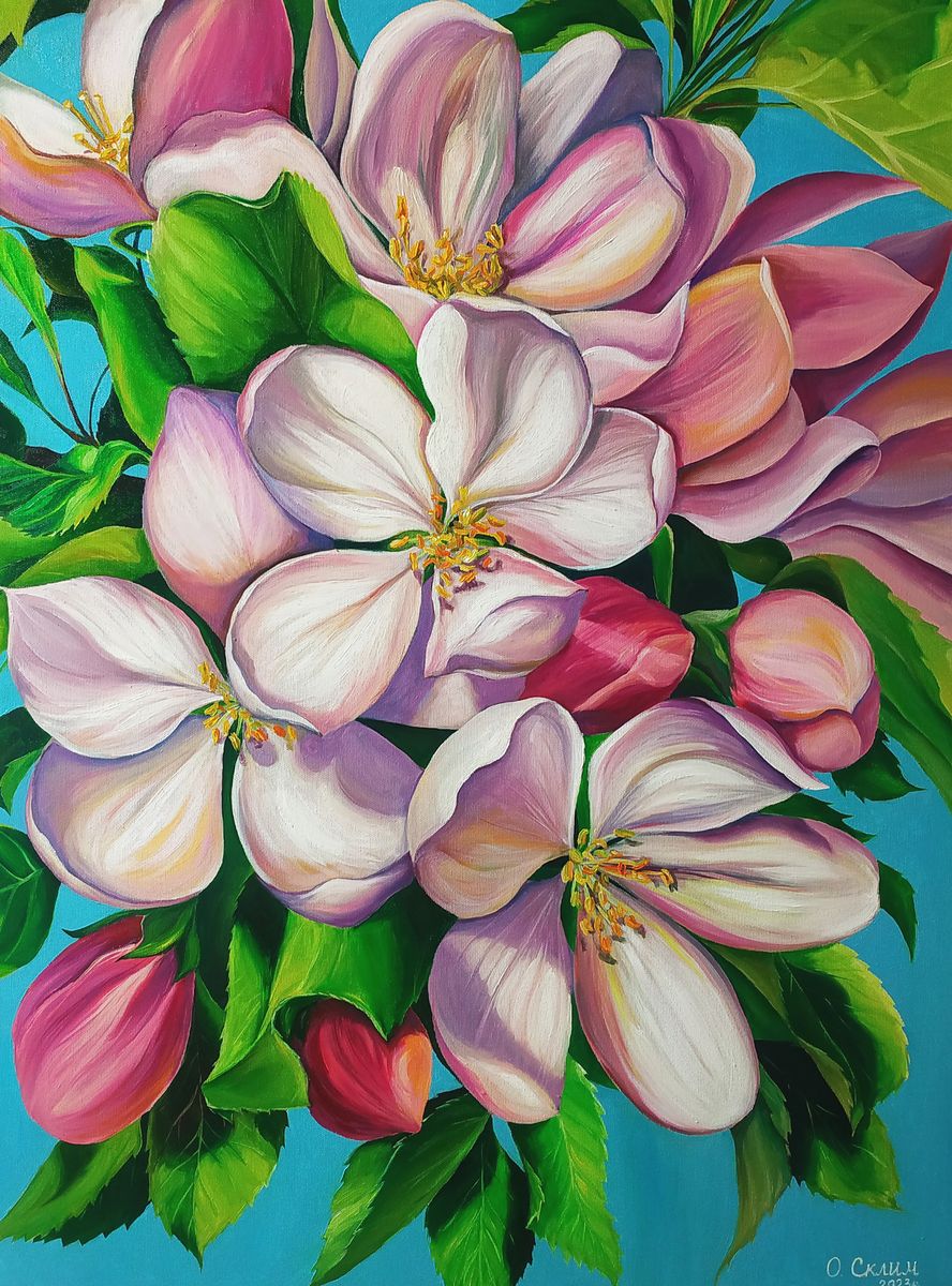Oil painting Delicate spring flowers by Oksana Sklym: pink apple blossoms