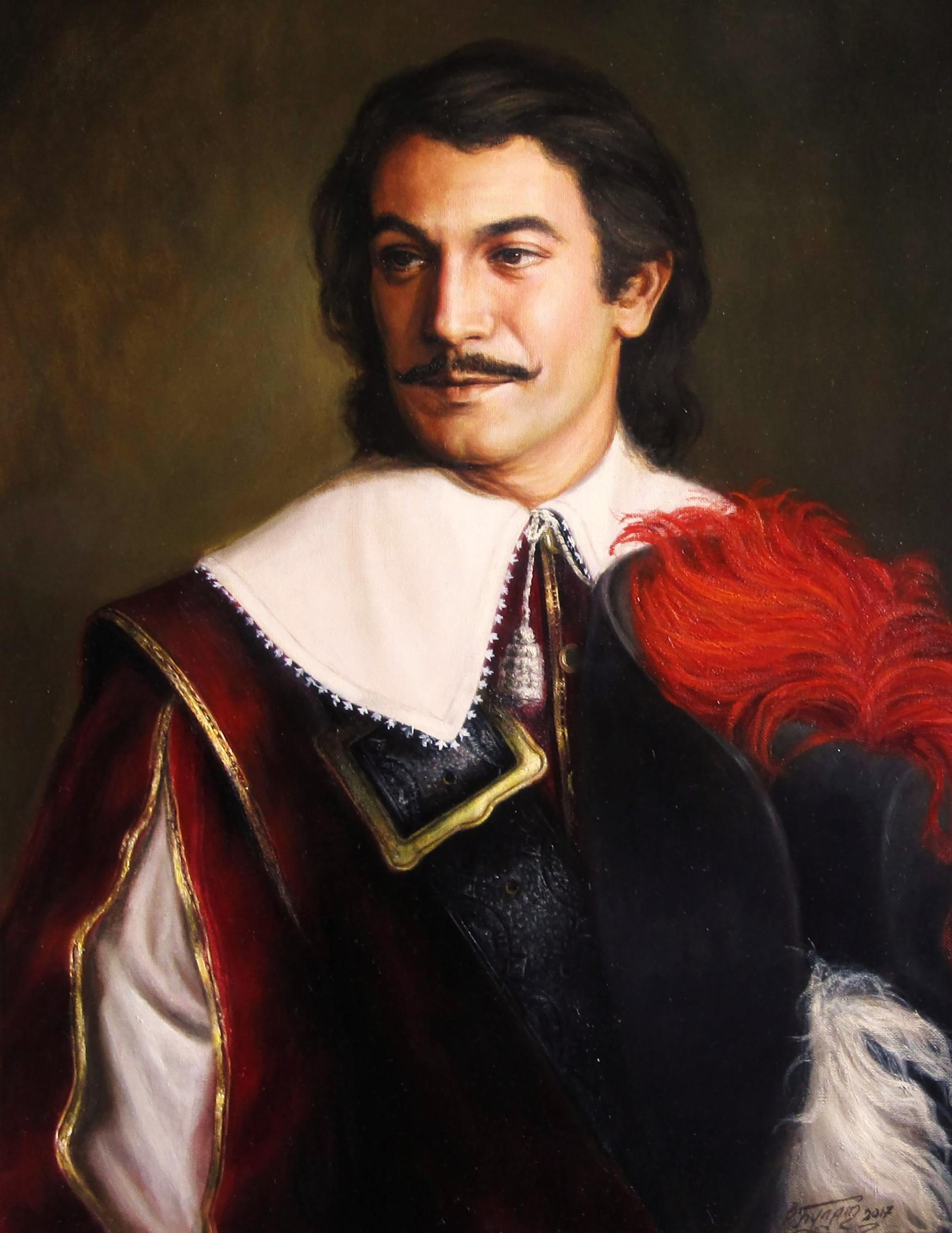 Oil painting of The Brave Gascon Valeriy Bulat in 17th-century red velvet attire