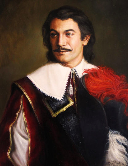 Oil painting of The Brave Gascon Valeriy Bulat in 17th-century red velvet attire