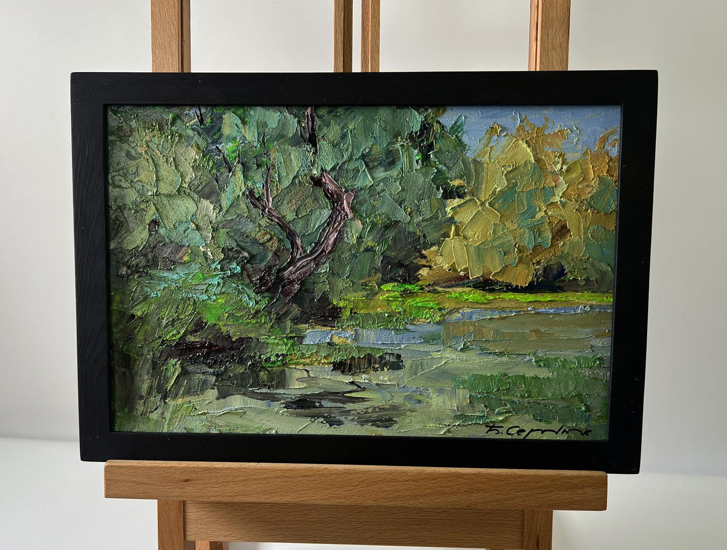 Oil painting Trees above the river by Boris Serdyuk in black frame