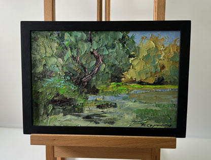 Oil painting Trees above the river by Boris Serdyuk in black frame