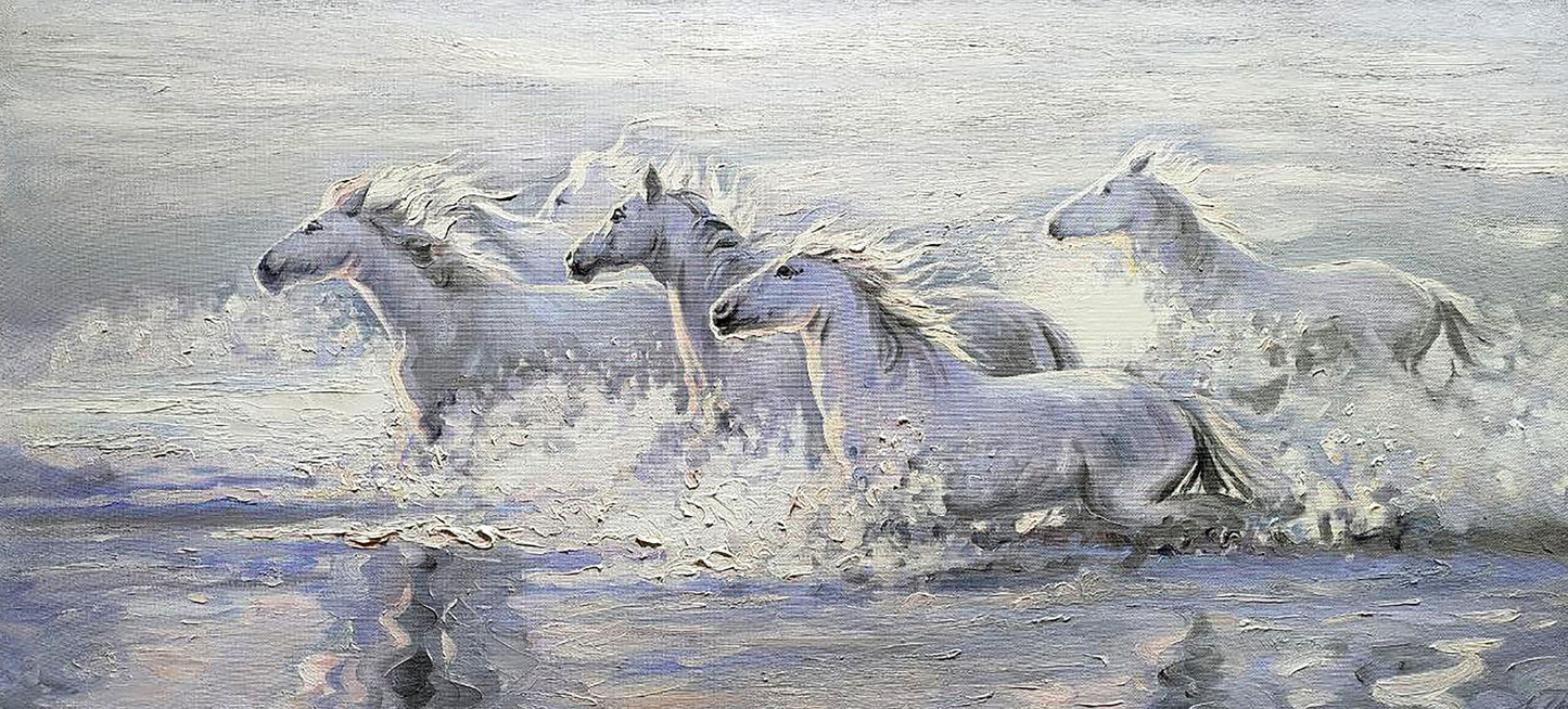 Oil painting Morning Jogging by Leonid Pavlenko: gray horses galloping in water