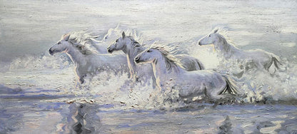 Oil painting Morning Jogging by Leonid Pavlenko: gray horses galloping in water