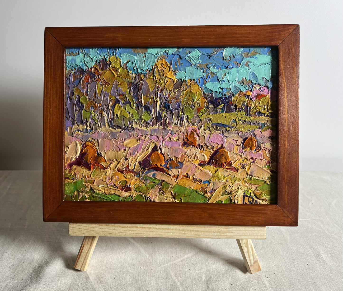Oil painting Autumn haystacks by Oleksiy Ivanyuk in wooden frame