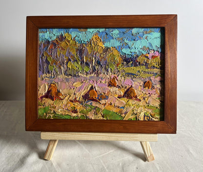 Oil painting Autumn haystacks by Oleksiy Ivanyuk in wooden frame