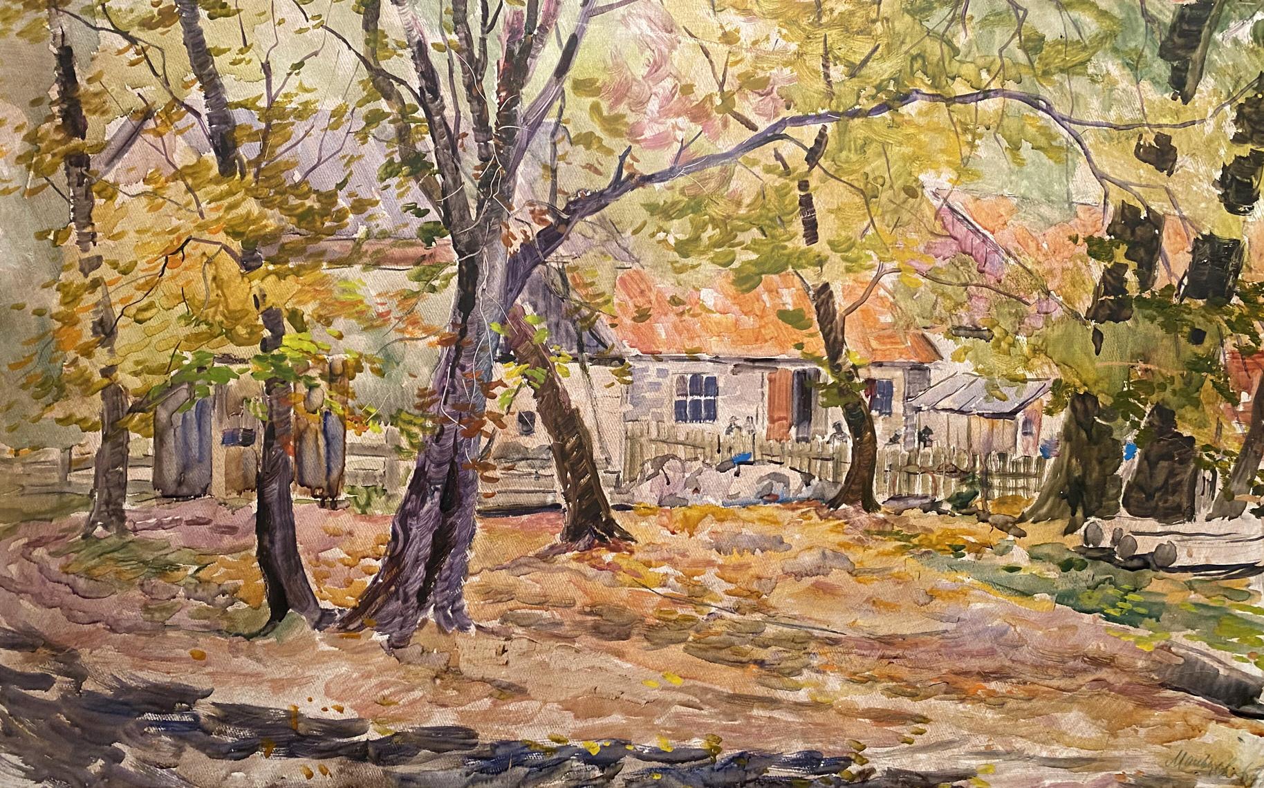 Oil painting Sweet home by Nikolai Maltsev: watercolor rustic stone house in autumn foliage
