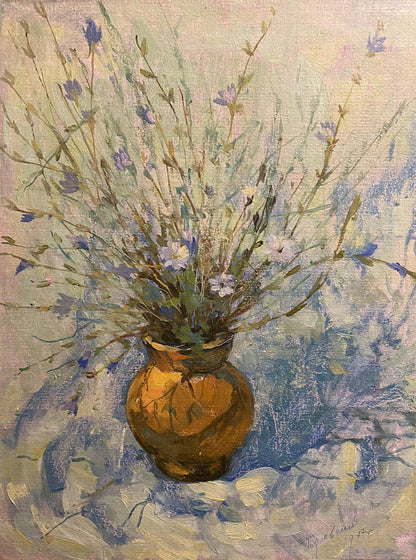 Oil painting of golden vase with blue white wildflowers by Vladimir Podlevskii