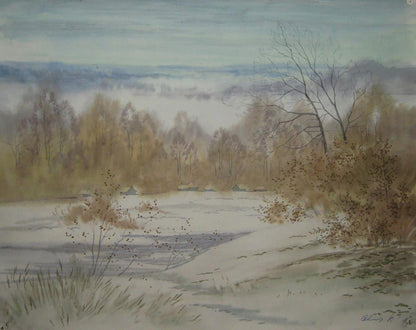 Watercolor painting First snow by Valery Savenets misty riverbank scene