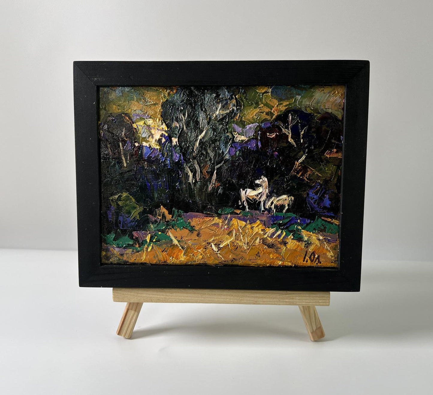 Oil painting In the dark forest by Oleksiy Ivanyuk: dark textured forest with white animals