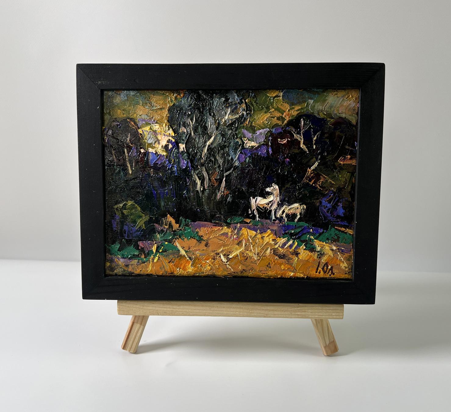 Oil painting In the dark forest by Oleksiy Ivanyuk: dark textured forest with white animals