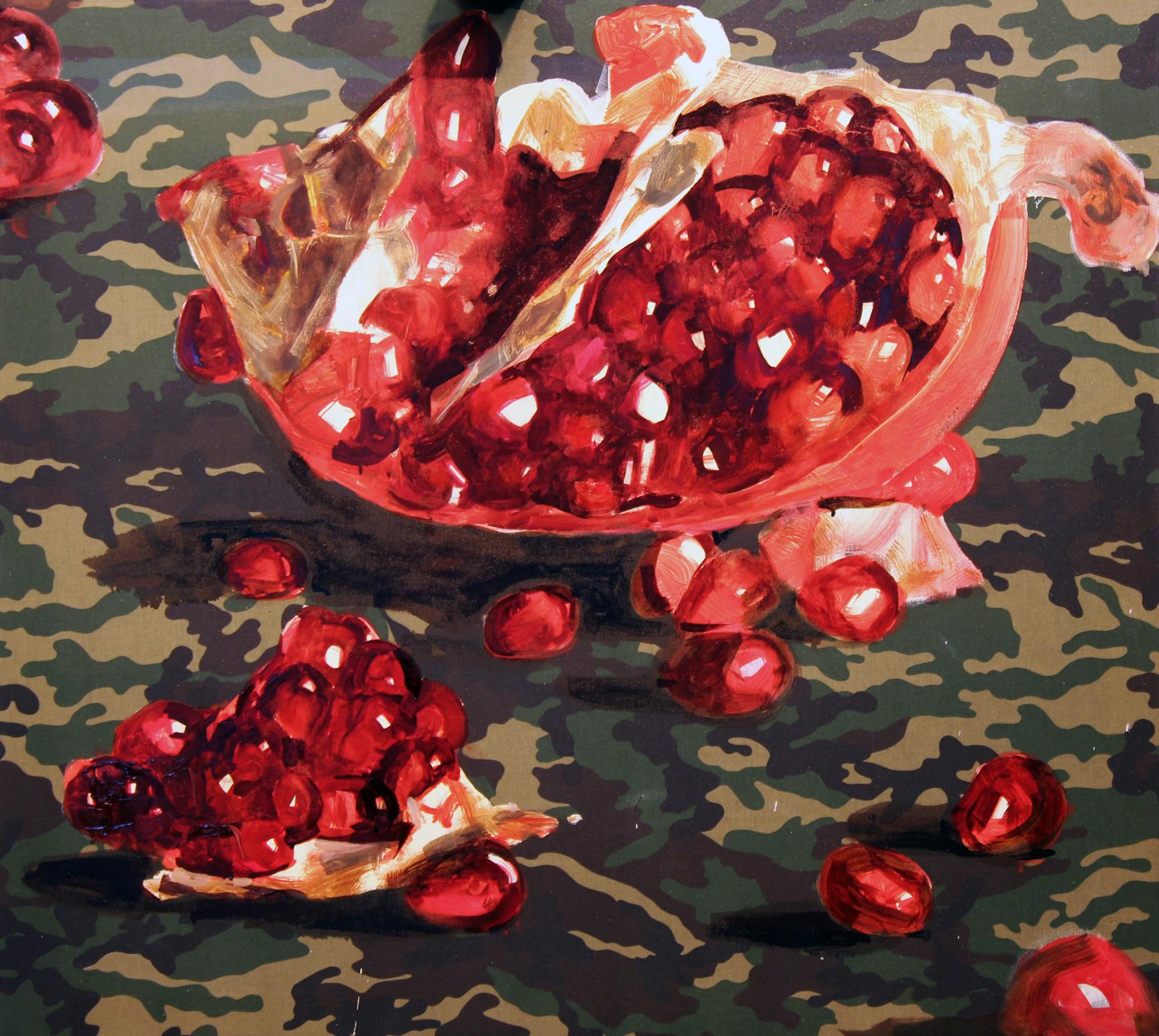 Oil painting by Ed Potapenkov of split pomegranate on camouflage background