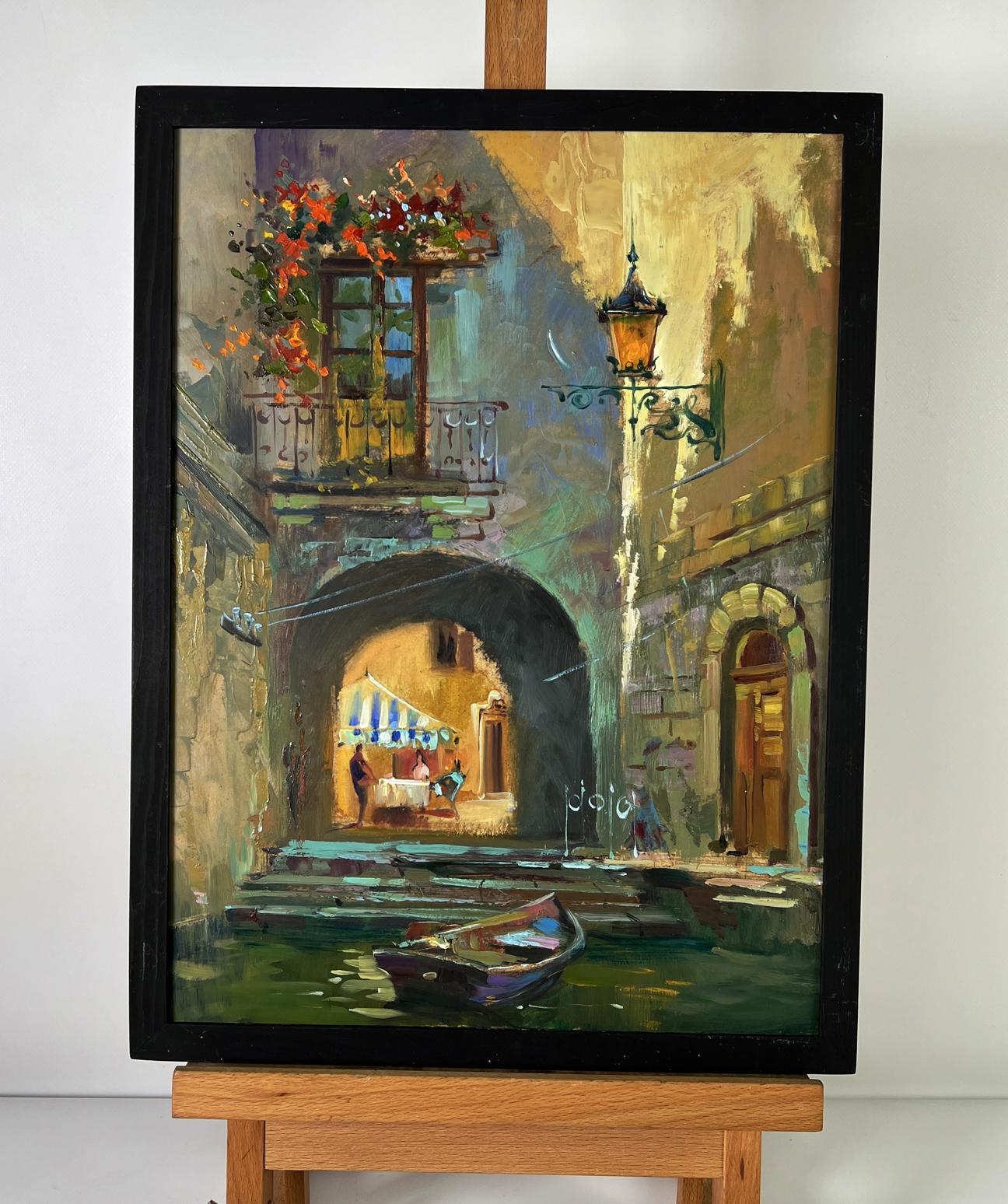 Oil painting of quiet Venice street by Yuriy Suprunchuk, canal alley cafe