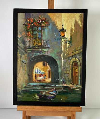 Oil painting of quiet Venice street by Yuriy Suprunchuk, canal alley cafe