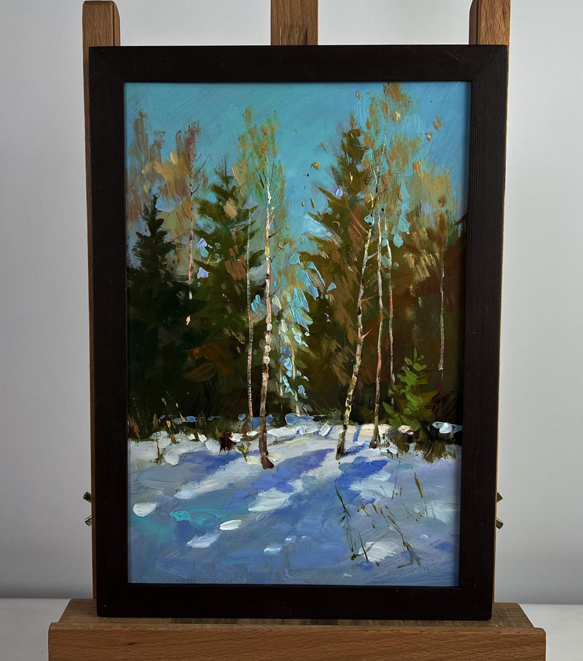 Framed oil painting of sunny winter forest with birch trees by Yuriy Suprunchuk