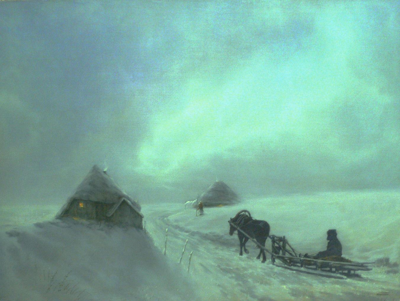 Oil painting of snowy sleigh path in winter storm by Vasily Korkishko