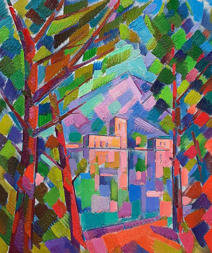 Oil painting In the Mountains by Peter Dobrev vibrant house amid colorful trees