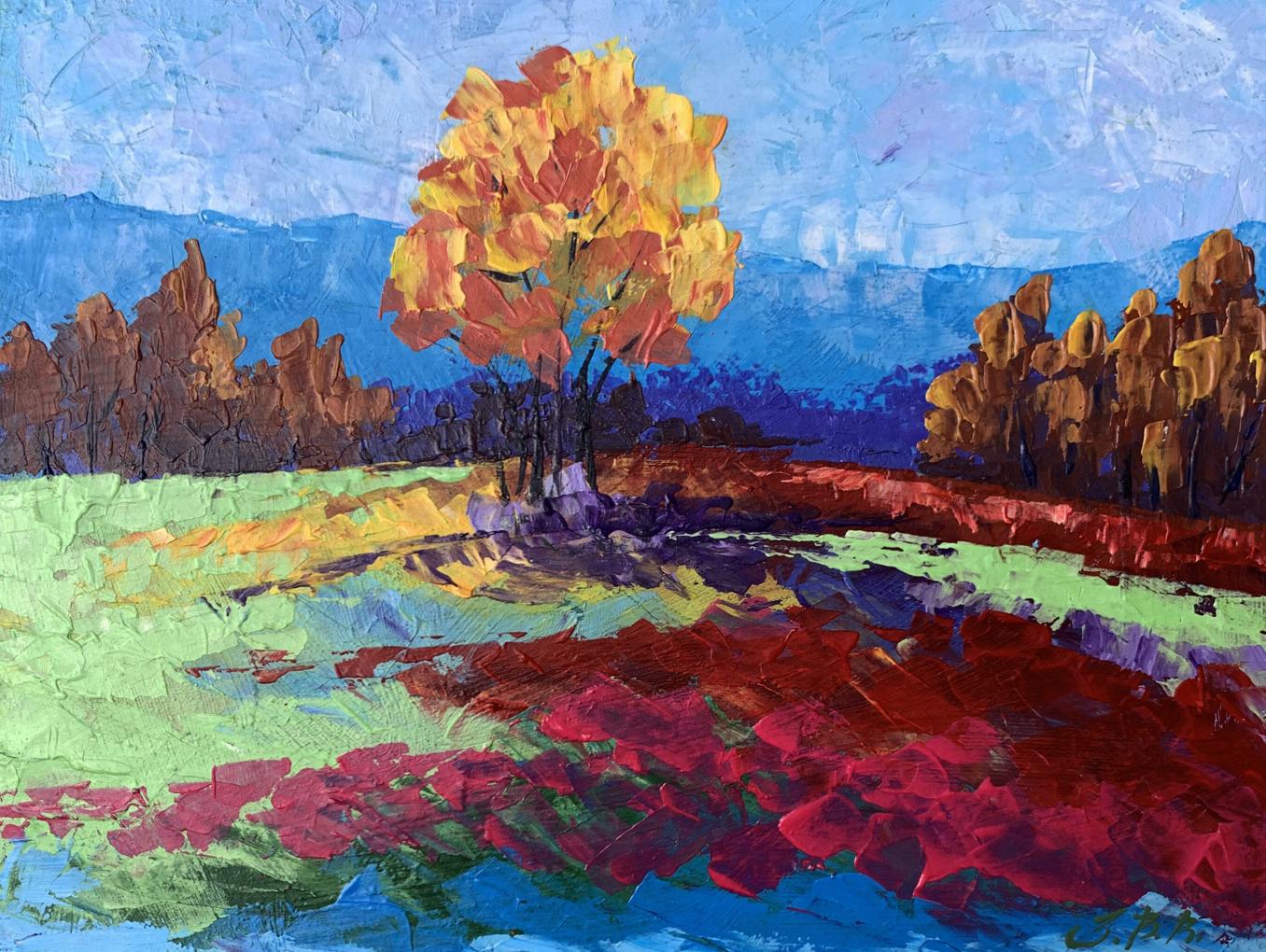 Vibrant oil painting Autumn lonely tree by V. Zadorozhnya, orange leaves on blue sky