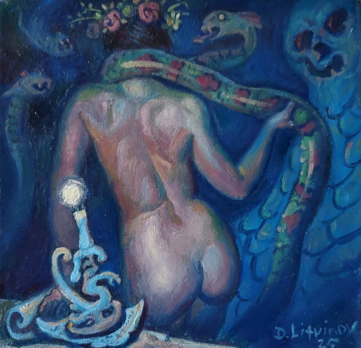 Surreal oil painting Visions of the Creature by Daniil Litvinov: nude figure with snakes