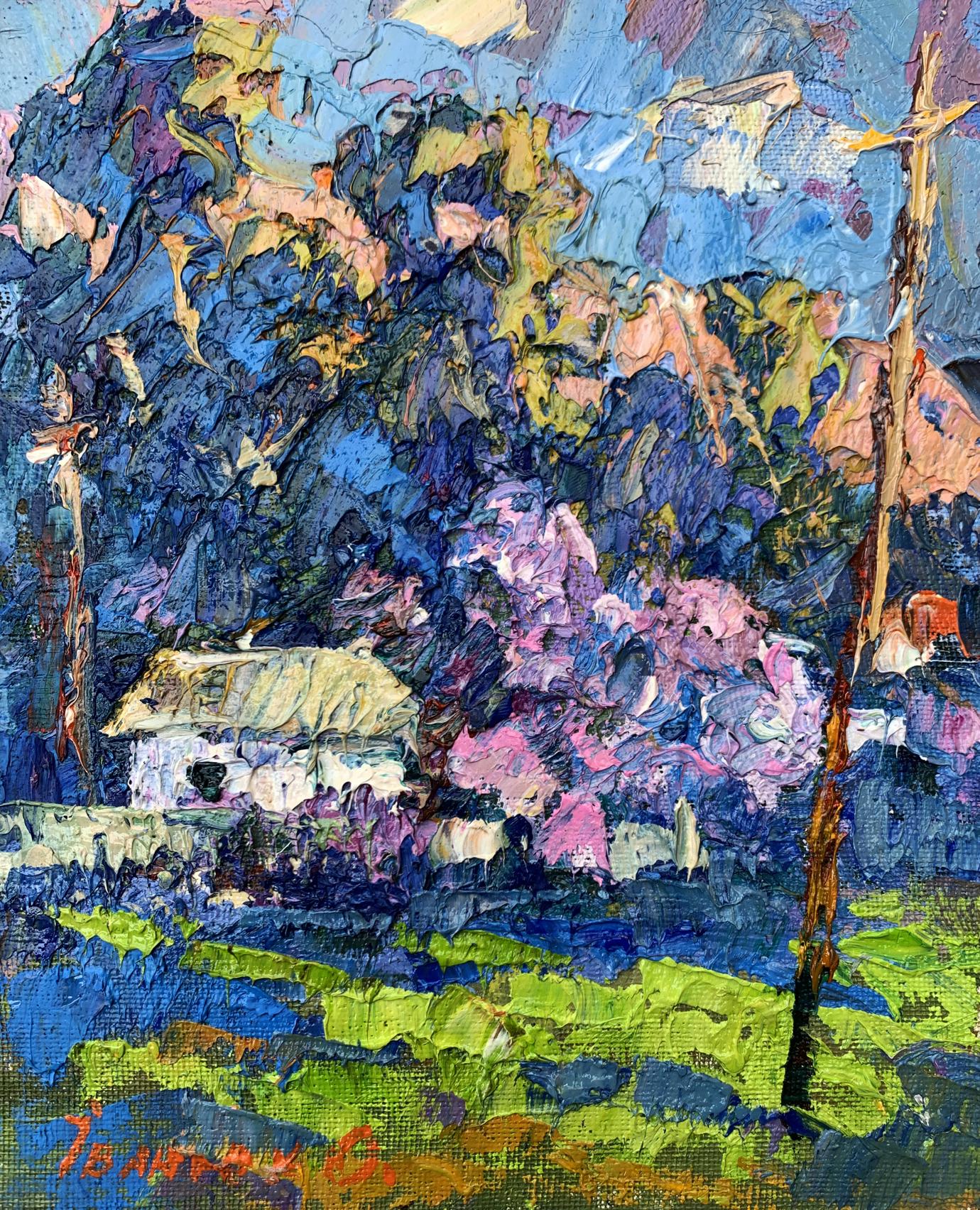 Vibrant impressionist oil painting Morning walk by Oksana Ivanyuk with rustic cottage