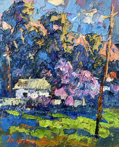Vibrant impressionist oil painting Morning walk by Oksana Ivanyuk with rustic cottage