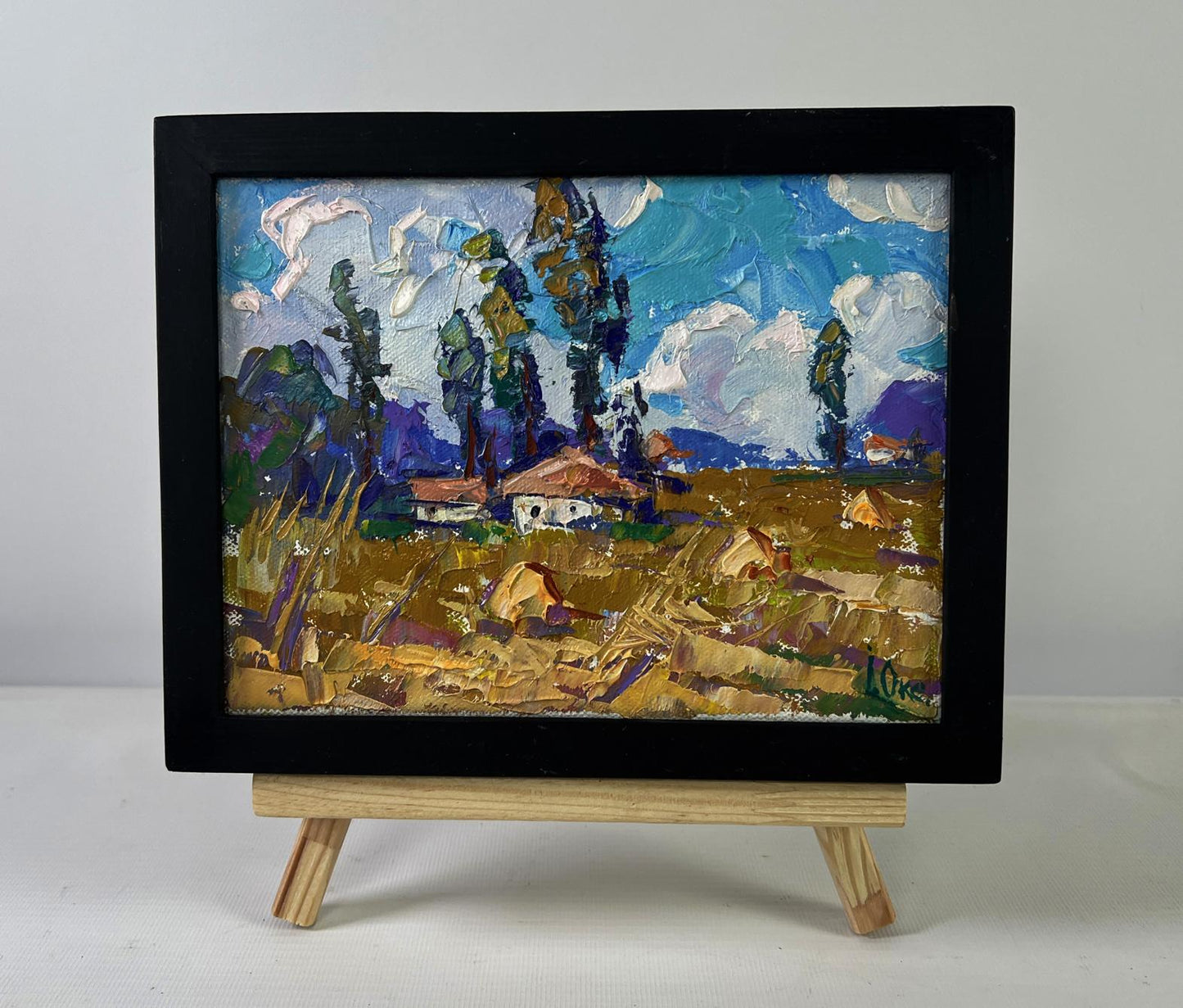 Vibrant impressionist oil painting A ray of sunshine in smile of nature by Oksana Ivanyuk in black frame