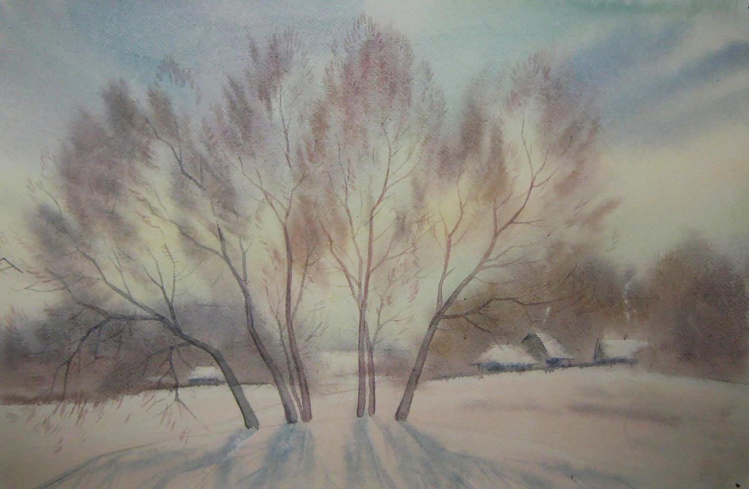 Watercolor painting of winter morning snow trees by Valery Savenets