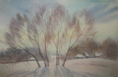 Watercolor painting of winter morning snow trees by Valery Savenets
