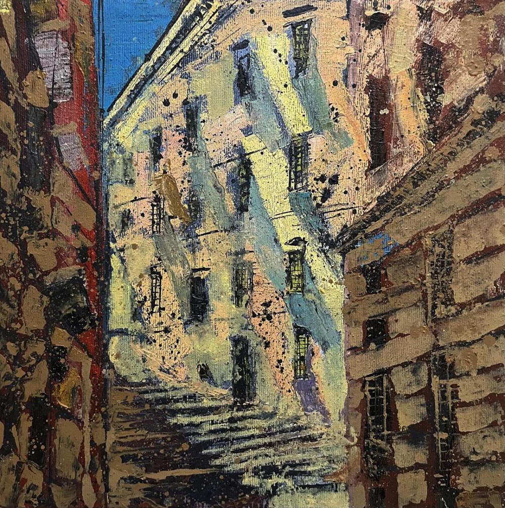 Oil painting Some street by Serhiy Kovalev: textured alleyway in blues and yellows
