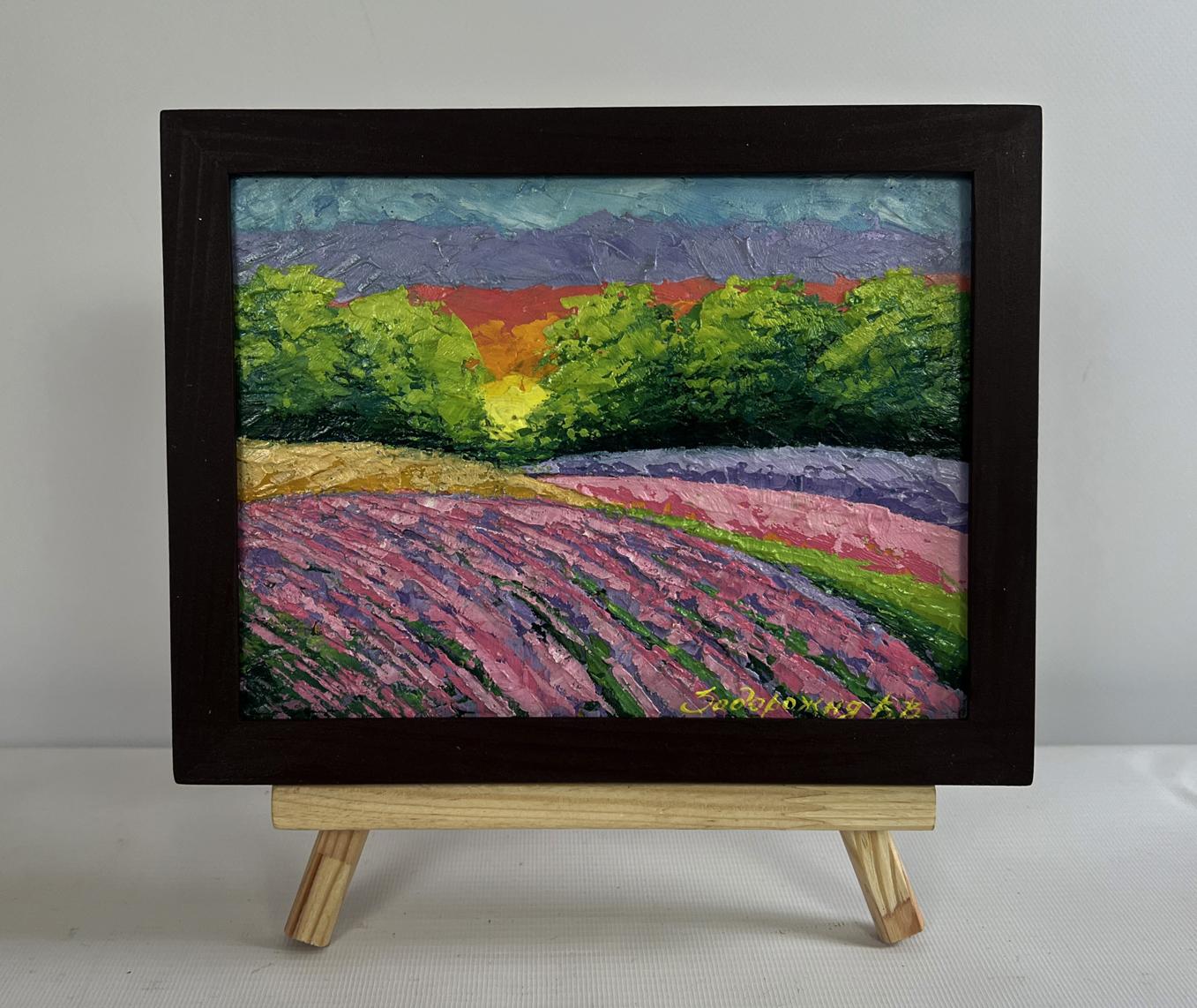 Oil painting Lavender field and sunset by V. Zadorozhnya in black frame