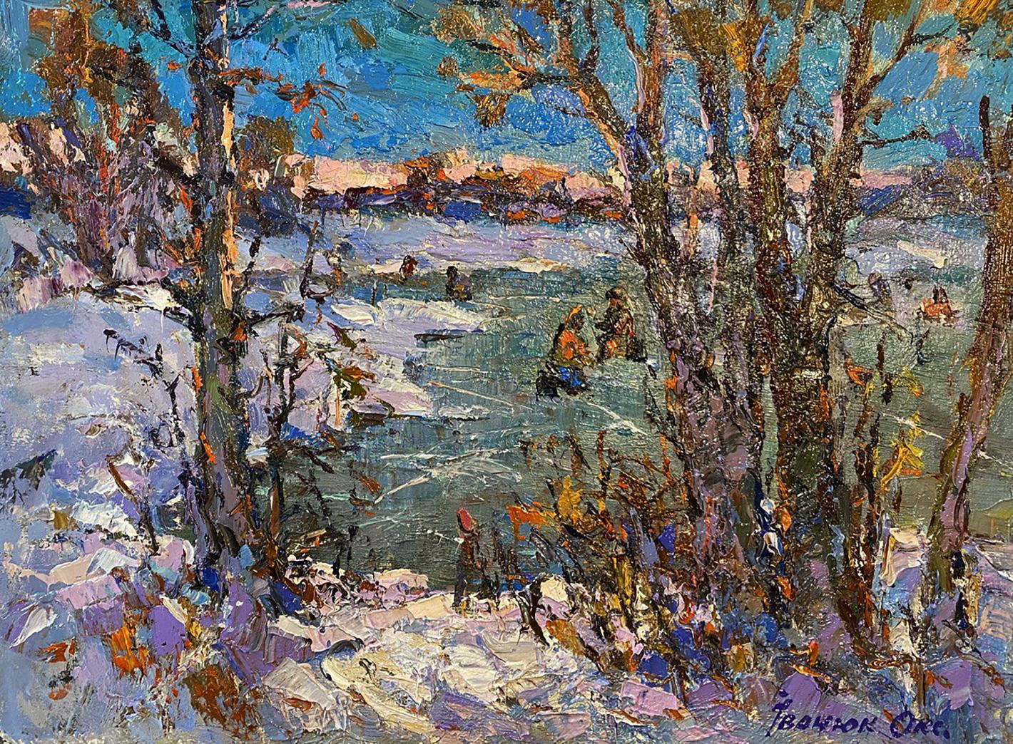 Vibrant impressionist oil painting First ice on fishing by Oksana Ivanyuk