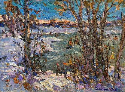 Vibrant impressionist oil painting First ice on fishing by Oksana Ivanyuk