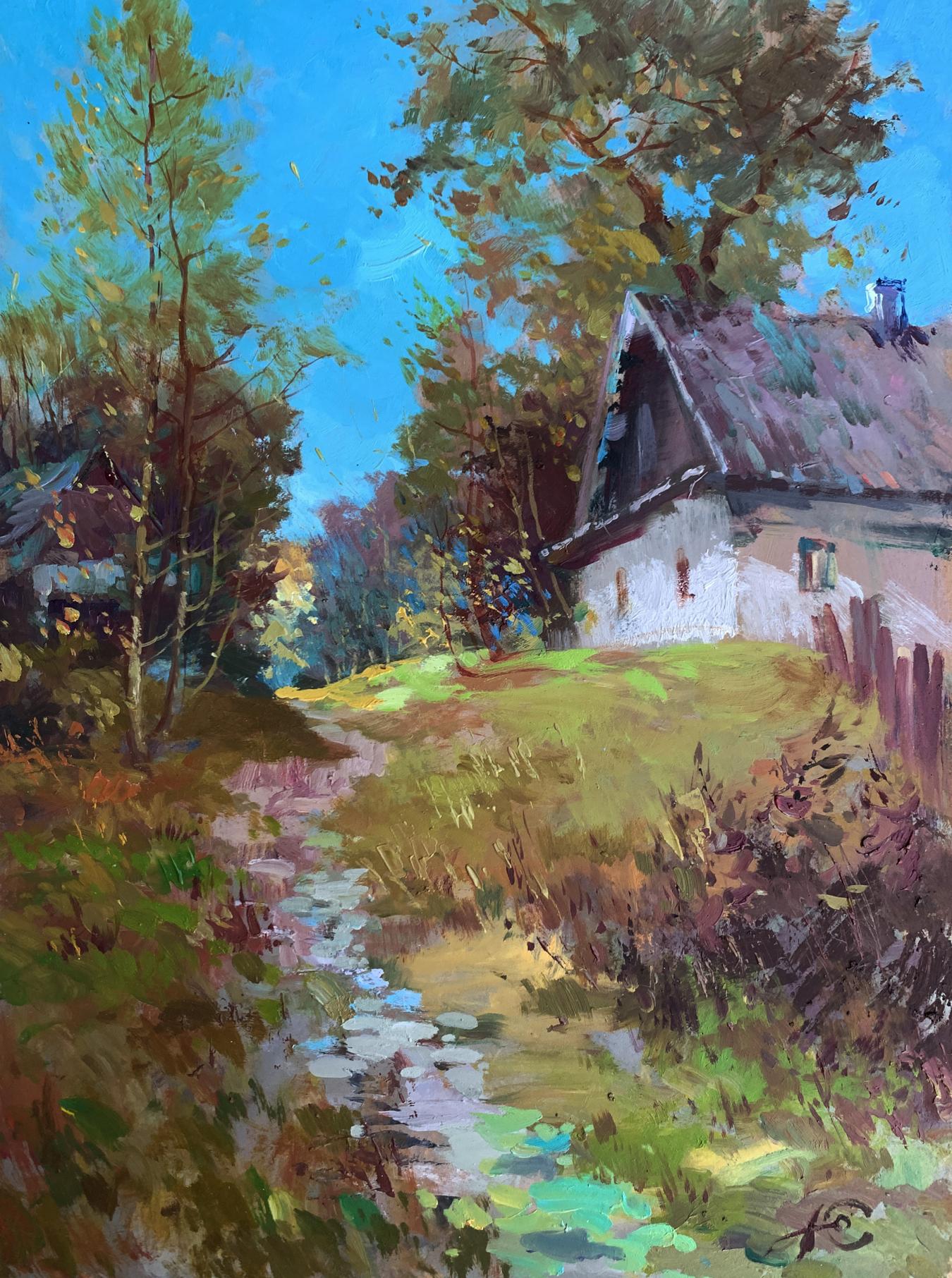 Oil painting of rustic white cottage in village by Yuriy Suprunchuk