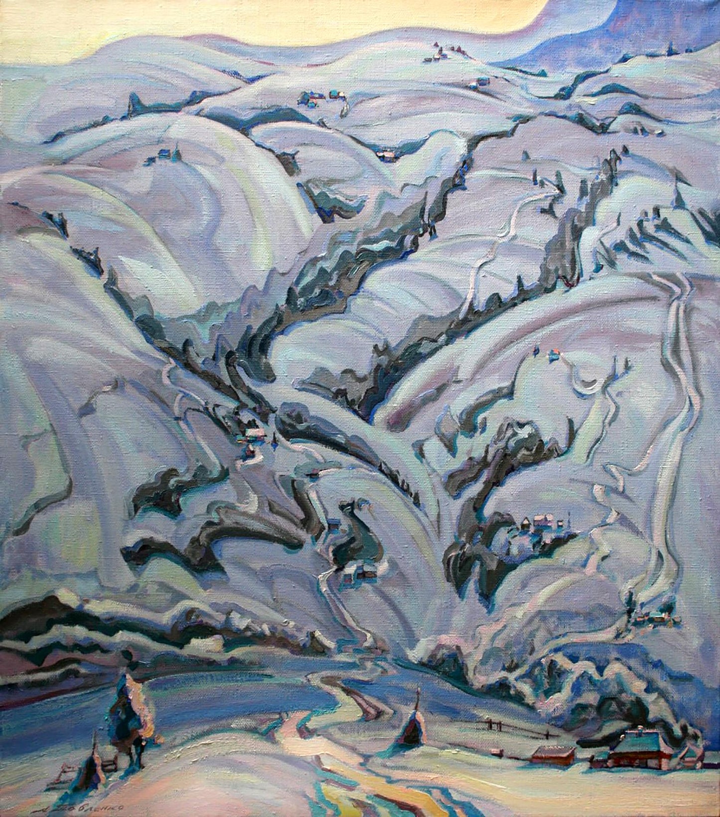 Vibrant oil painting of snow-covered mountains by Leonid Pavlenko