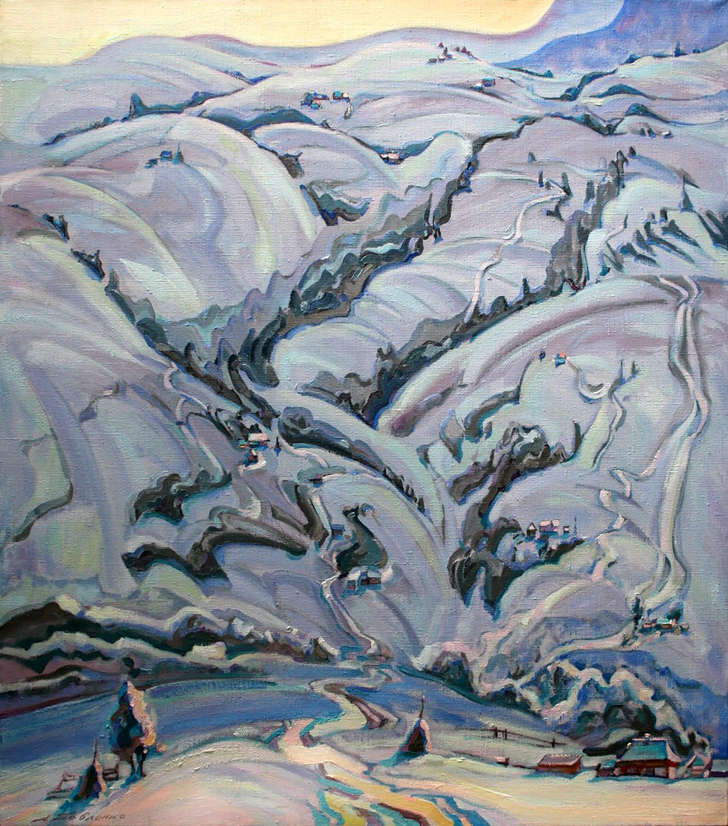 Vibrant oil painting of snow-covered mountains by Leonid Pavlenko