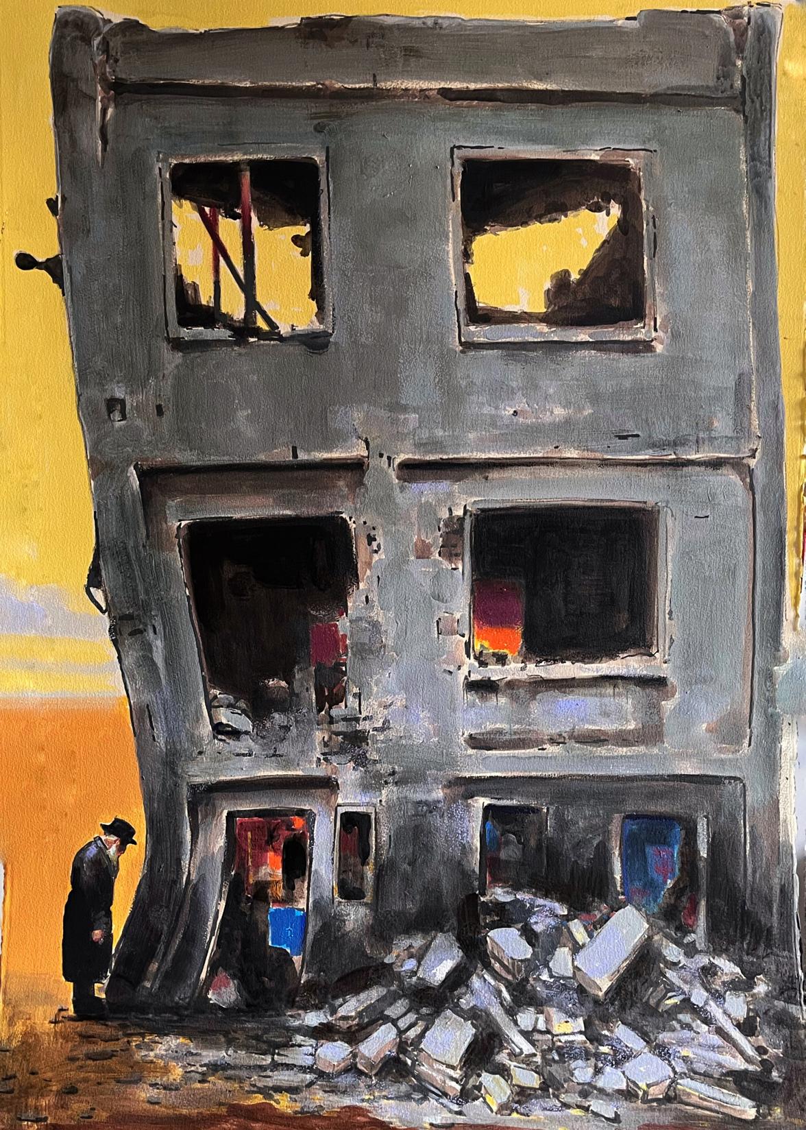 Acrylic painting Memory of the Wall by Juan Angel Gonzalez de la Calle: gray ruined building, yellow sky