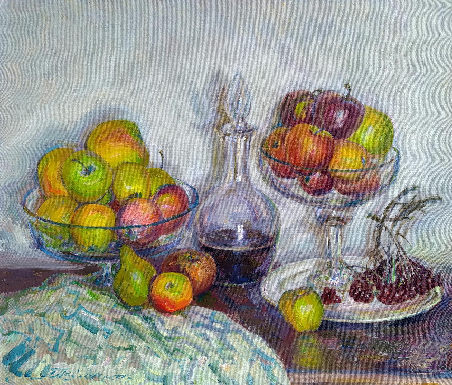 Oil painting of apples and wine by Leonid Pavlenko with red wine decanter