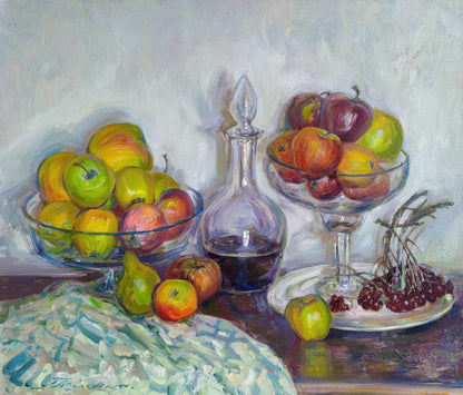 Oil painting of apples and wine by Leonid Pavlenko with red wine decanter
