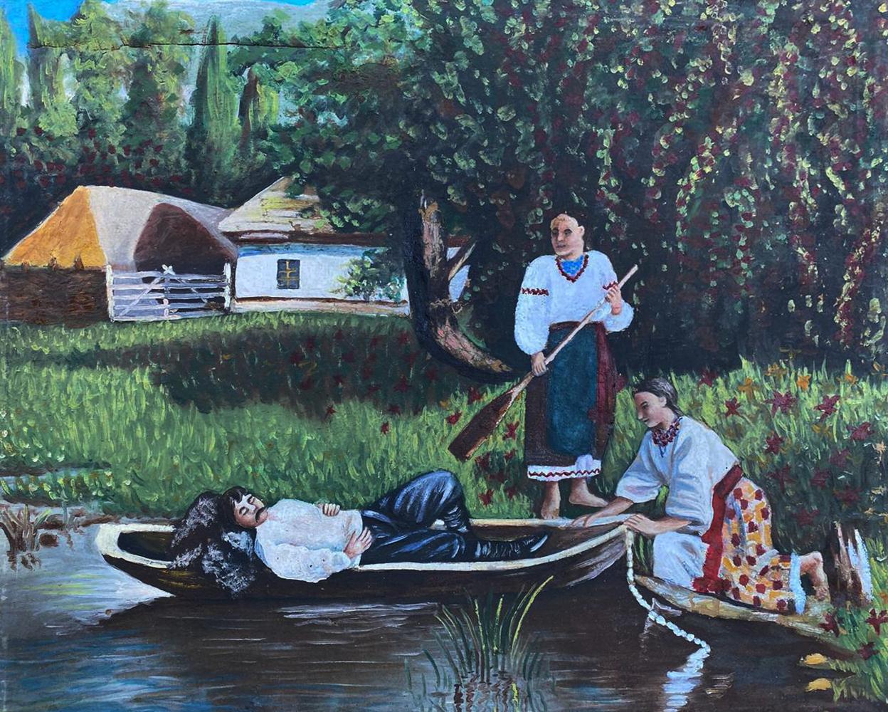 Oil painting of rustic rowboat with two women in folk attire on serene riverbank