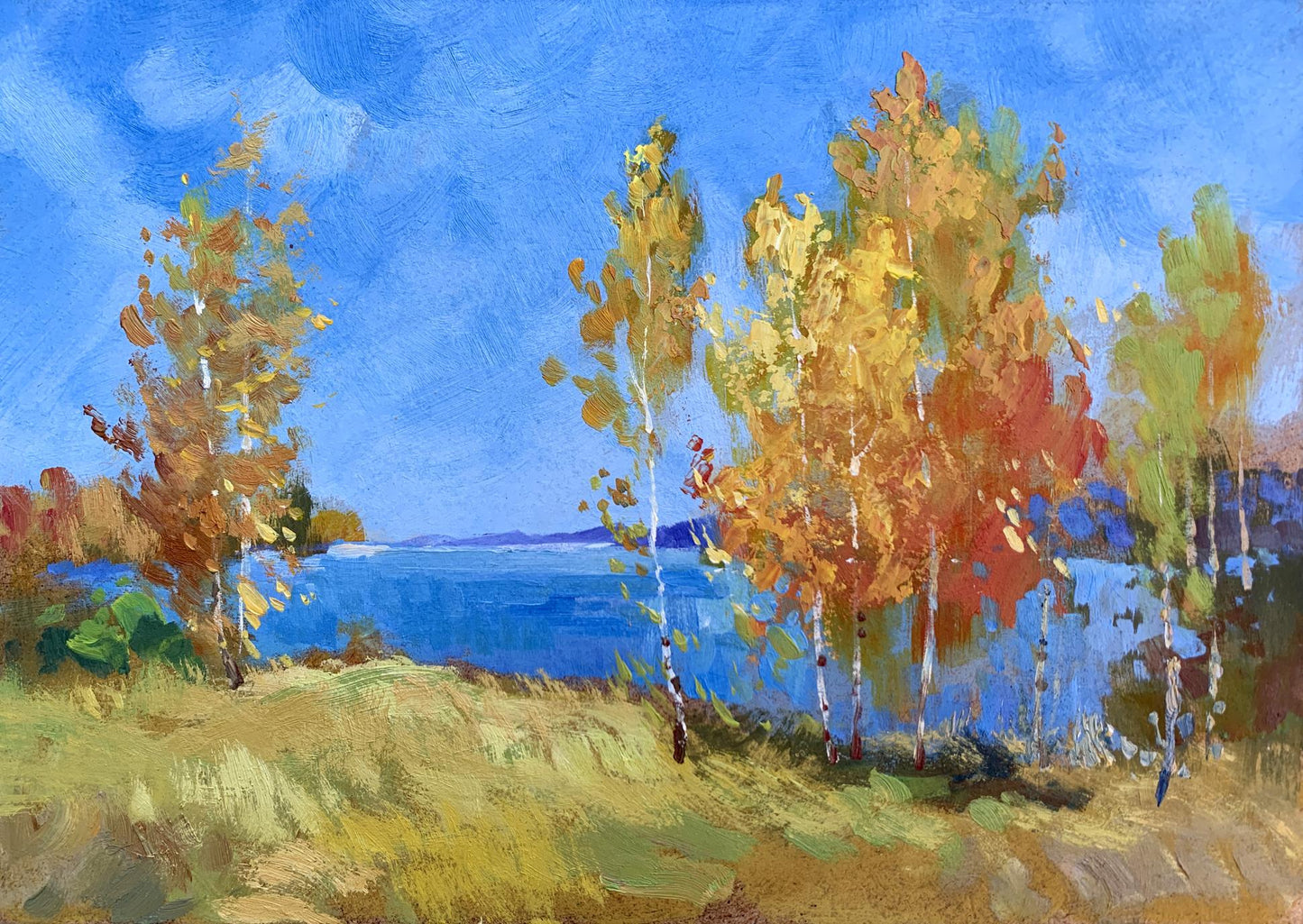 Oil painting Early autumn morning by Yuriy Suprunchuk with birch trees