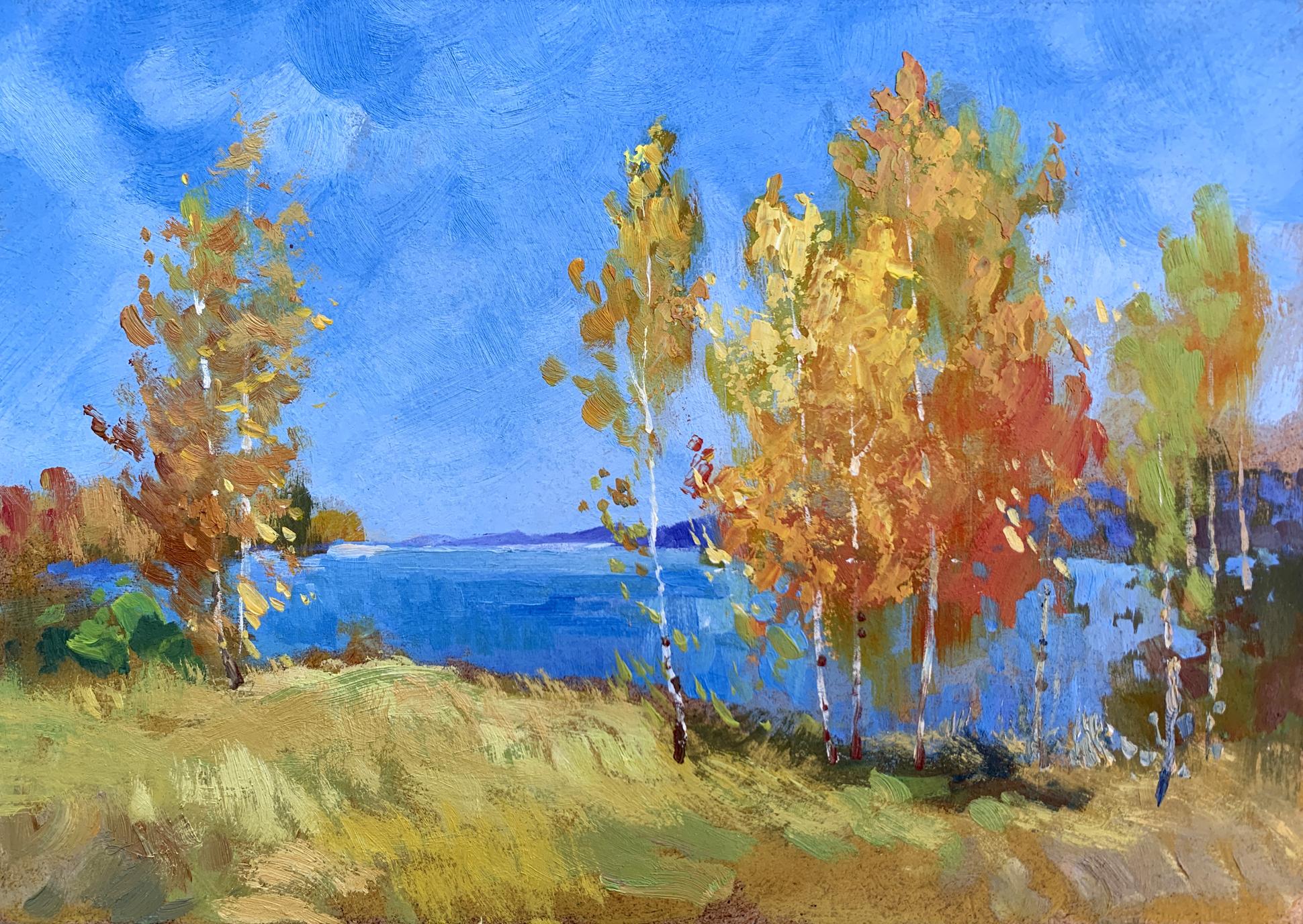 Oil painting Early autumn morning by Yuriy Suprunchuk with birch trees
