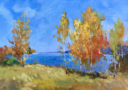 Oil painting Early autumn morning by Yuriy Suprunchuk with birch trees