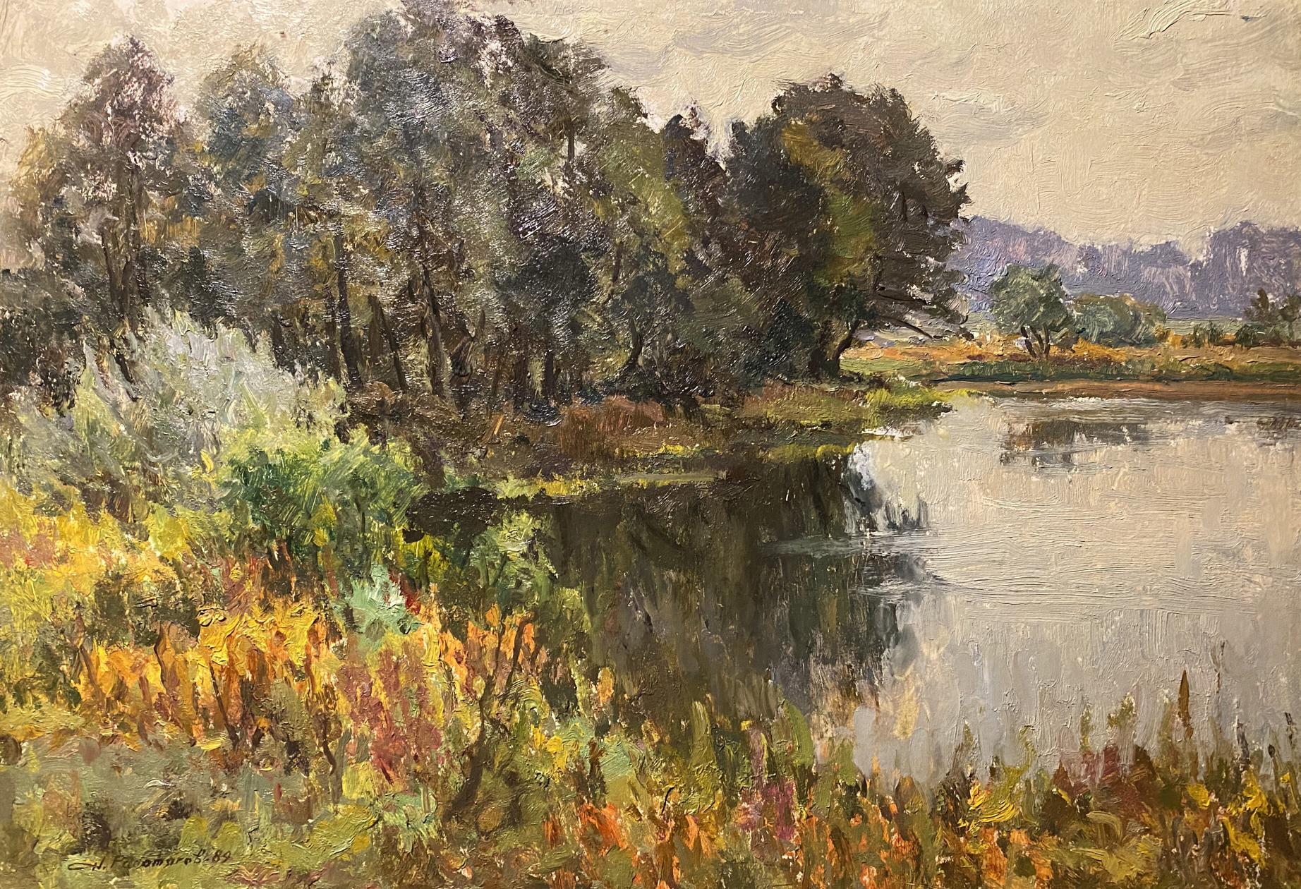 Serene impressionistic oil painting by Nikolay Rabotyagov: tranquil autumn river