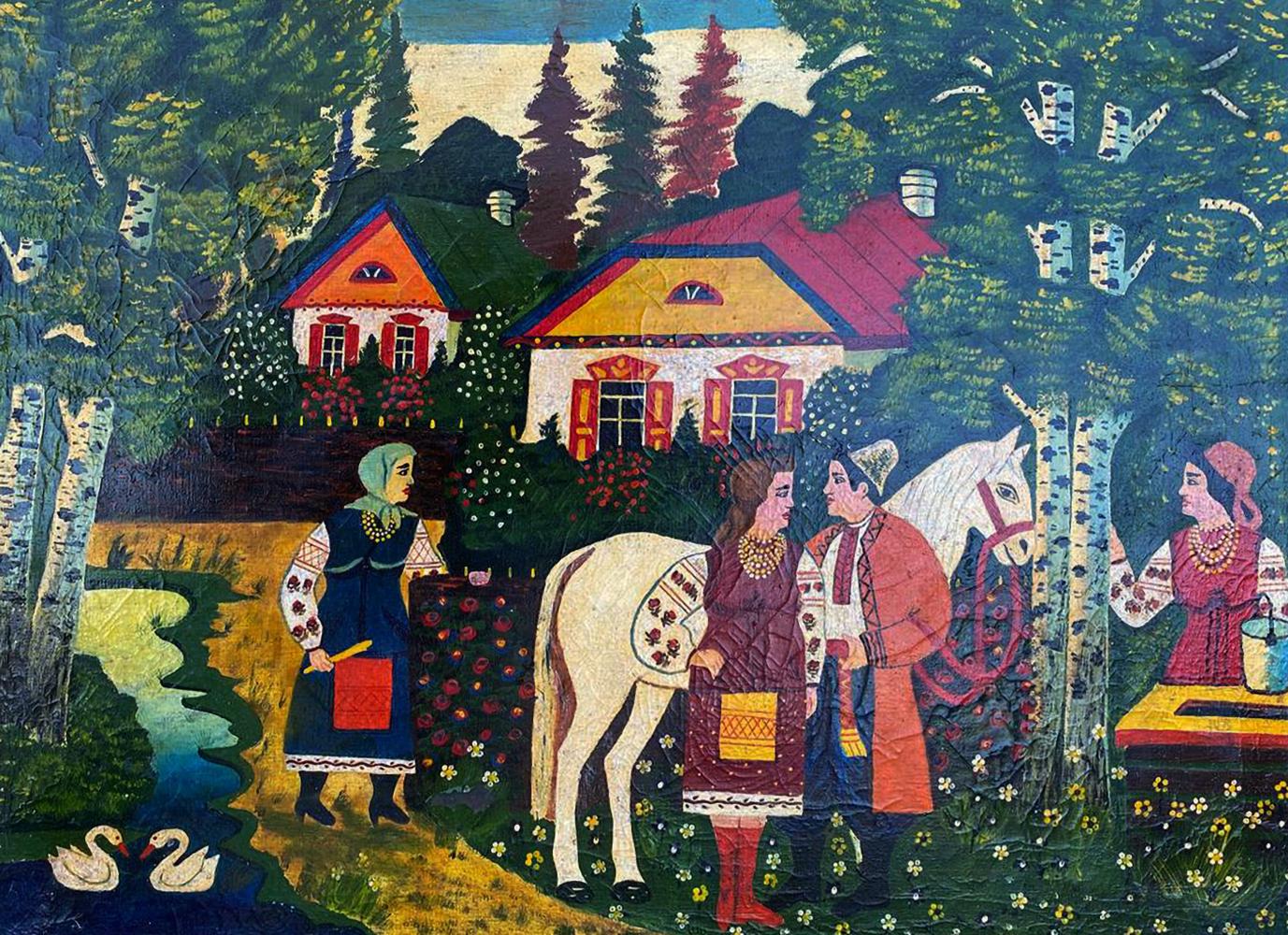 Vibrant oil painting At the village well: folk art pastoral scene with colorful houses, figures, horse