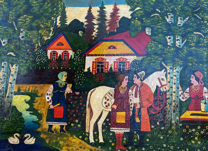 Vibrant oil painting At the village well: folk art pastoral scene with colorful houses, figures, horse
