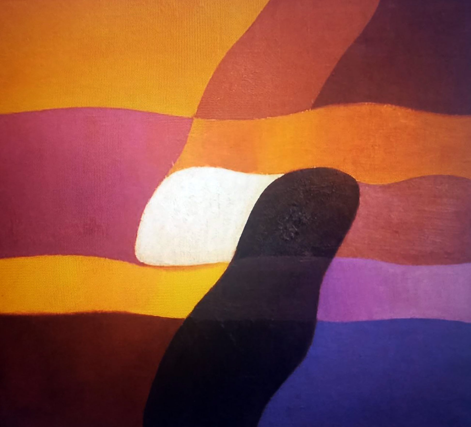 Oil painting Plasticity of lines by Alexander Strashevich, abstract orange purple blue bands black silhouette