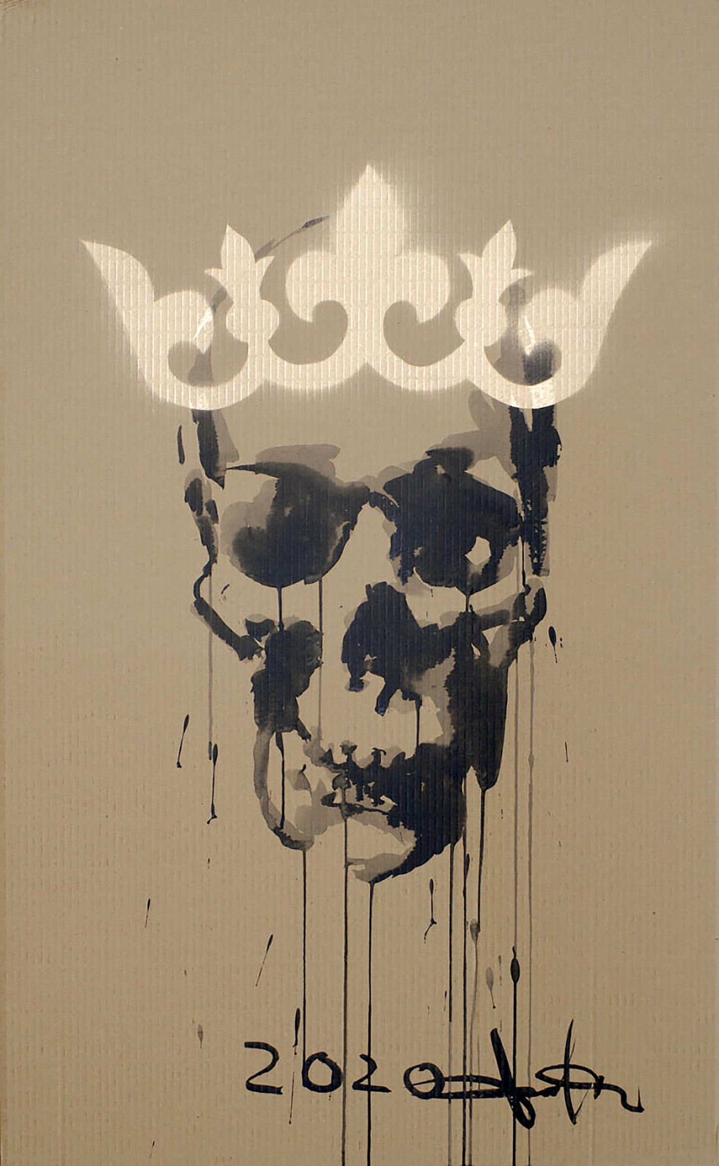 Black and white spray-painted crowned skull by Dima Filatov, paint drips