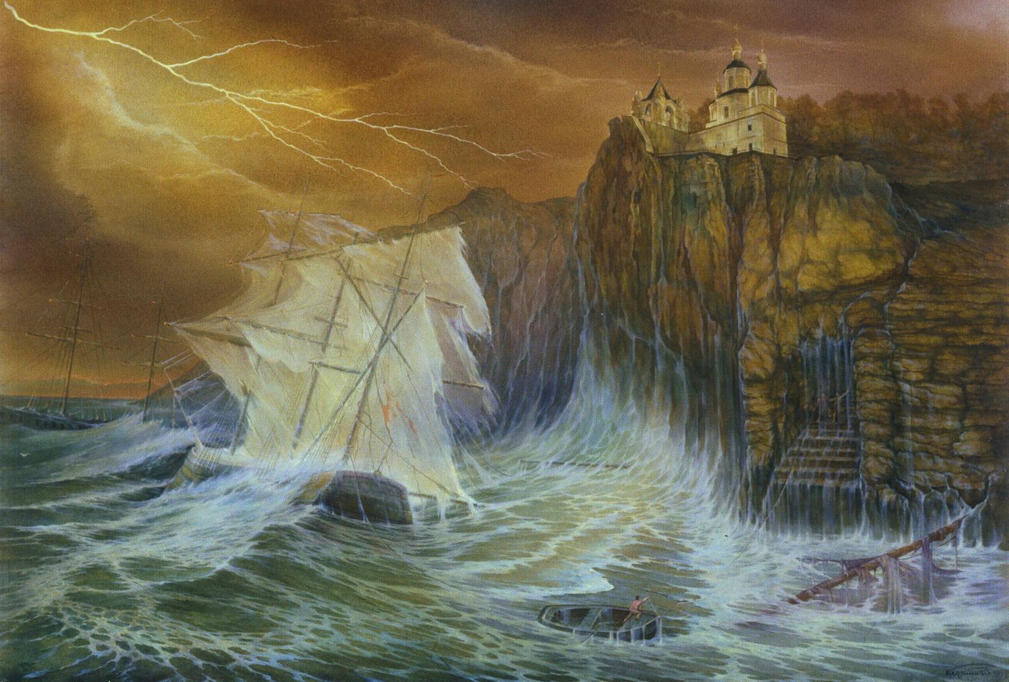Oil painting of dramatic stormy sea by Vasily Korkishko