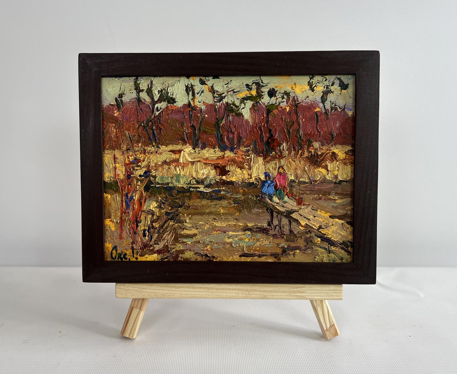 Oil painting On the autumn river by Oksana Ivanyuk in dark wood frame